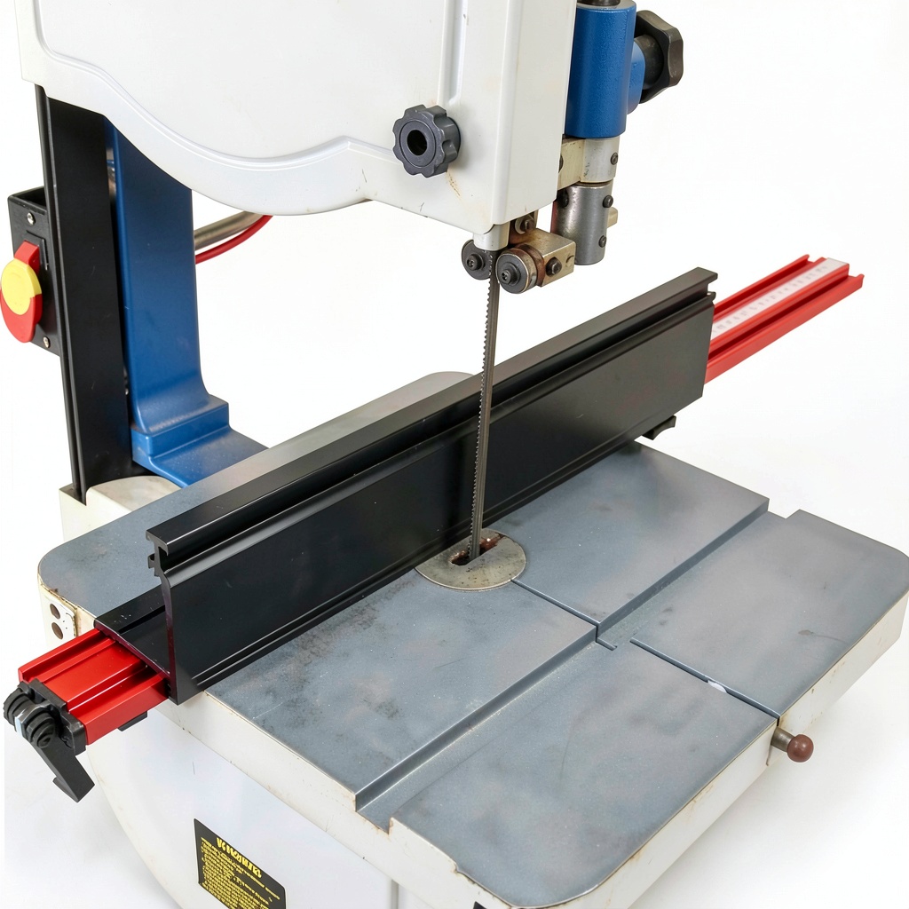 O'skool Band Saw Fence installed on a band saw with wood material